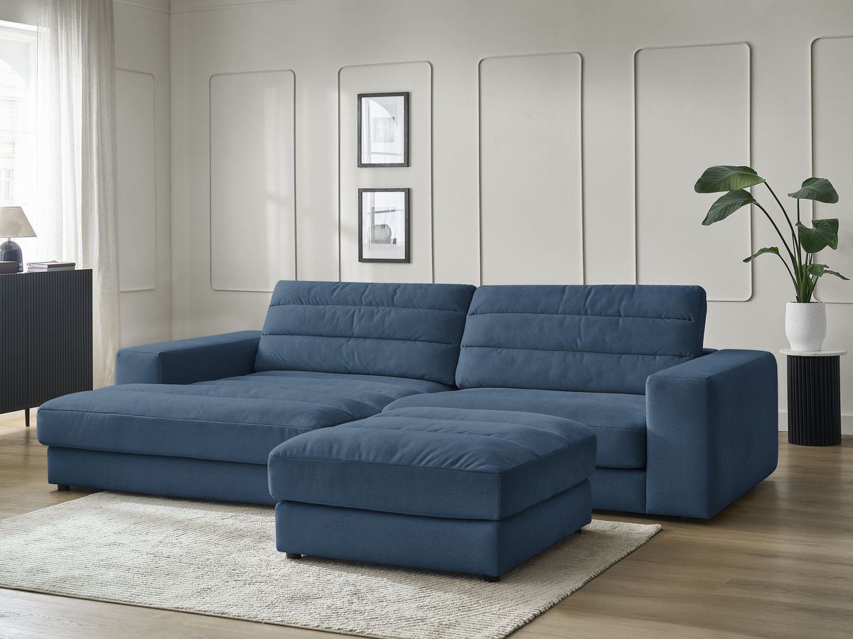 Canapé d'angle fixe SIERRA velours avec pouf
