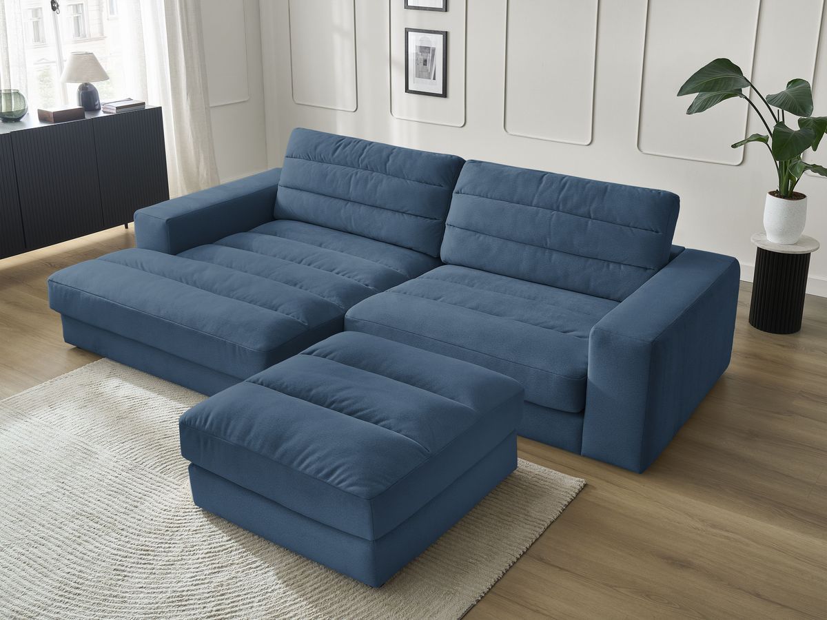 Canapé d'angle fixe SIERRA velours avec pouf