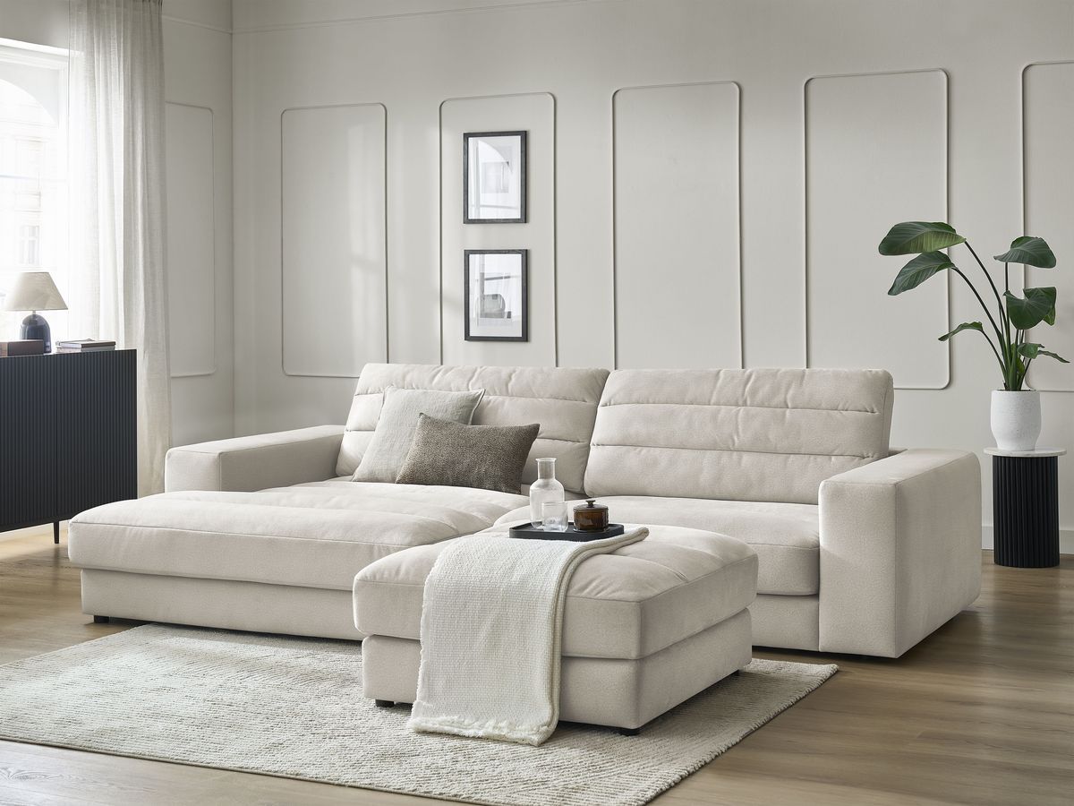 Canapé d'angle fixe SIERRA velours avec pouf