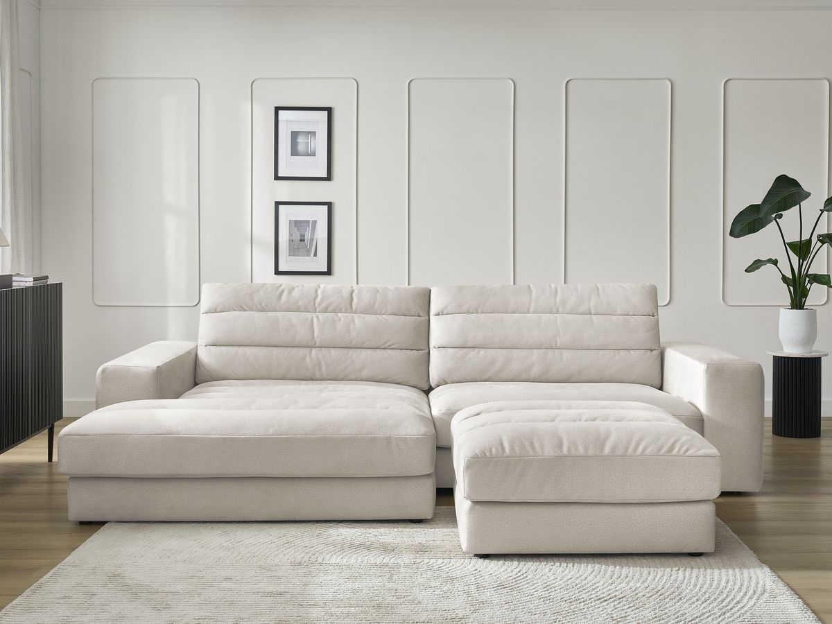 Canapé d'angle fixe SIERRA velours avec pouf beige angle gauche BOBOCHIC 4 places - Vue supplémentaire 3