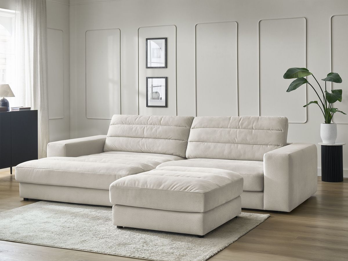 Canapé d'angle fixe SIERRA velours avec pouf