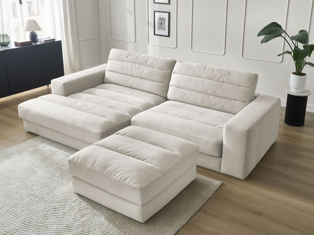 Canapé d'angle fixe SIERRA velours avec pouf