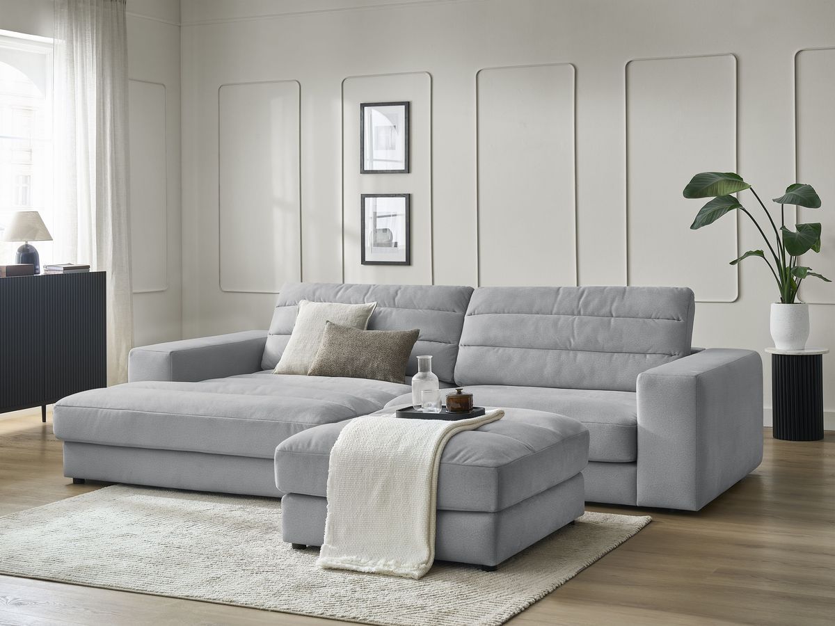 Canapé d'angle fixe SIERRA velours avec pouf
