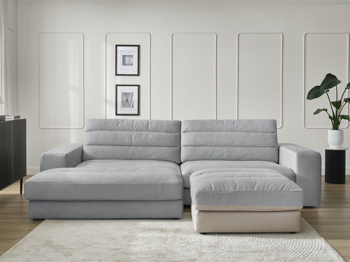 Canapé d'angle fixe SIERRA velours avec pouf gris clair angle gauche BOBOCHIC 4 places - Vue supplémentaire 3