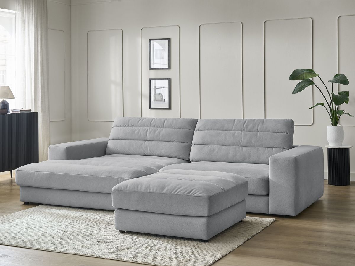 Canapé d'angle fixe SIERRA velours avec pouf