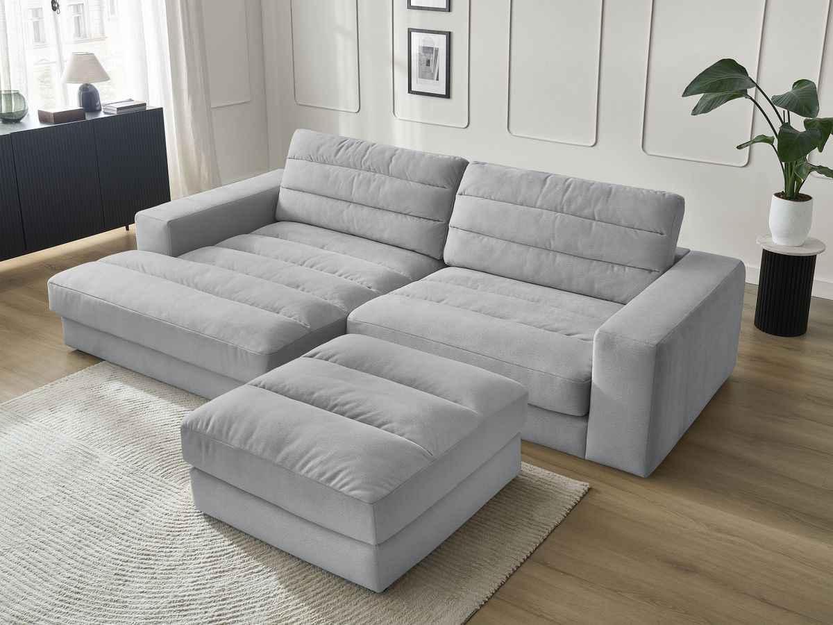 Canapé d'angle fixe SIERRA velours avec pouf