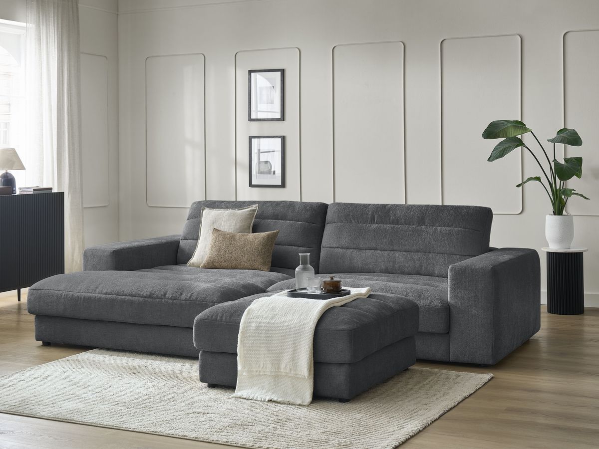 Canapé d'angle fixe SIERRA tissu texturé avec pouf