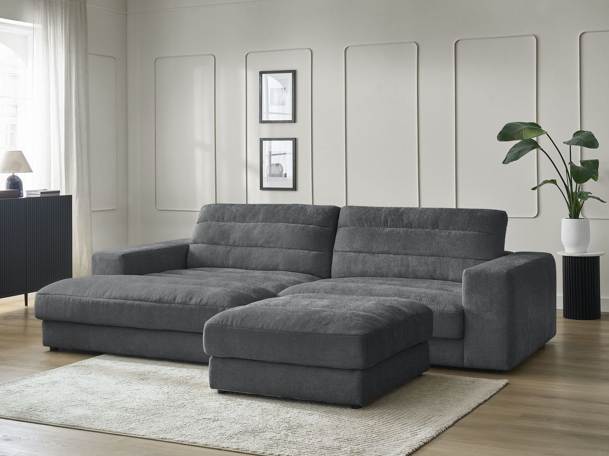 Canapé d'angle fixe SIERRA tissu texturé avec pouf