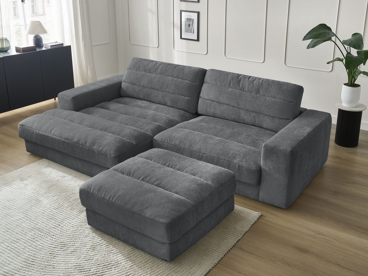 Canapé d'angle fixe SIERRA tissu texturé avec pouf