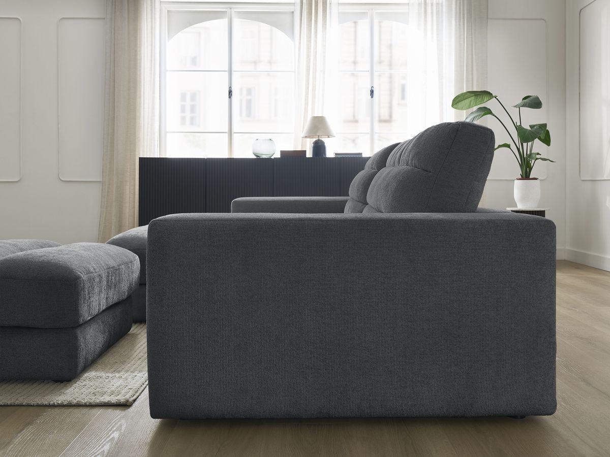 Canapé d'angle fixe SIERRA tissu texturé avec pouf