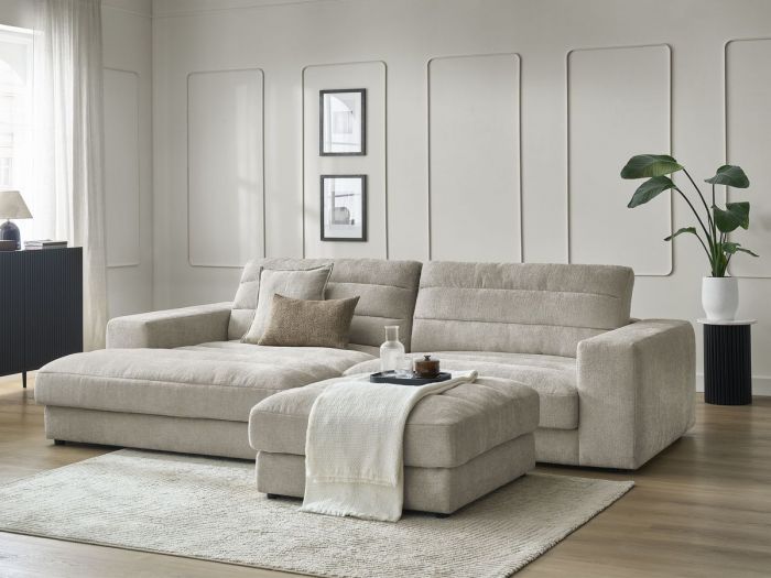 Canapé d'angle fixe SIERRA tissu texturé avec pouf