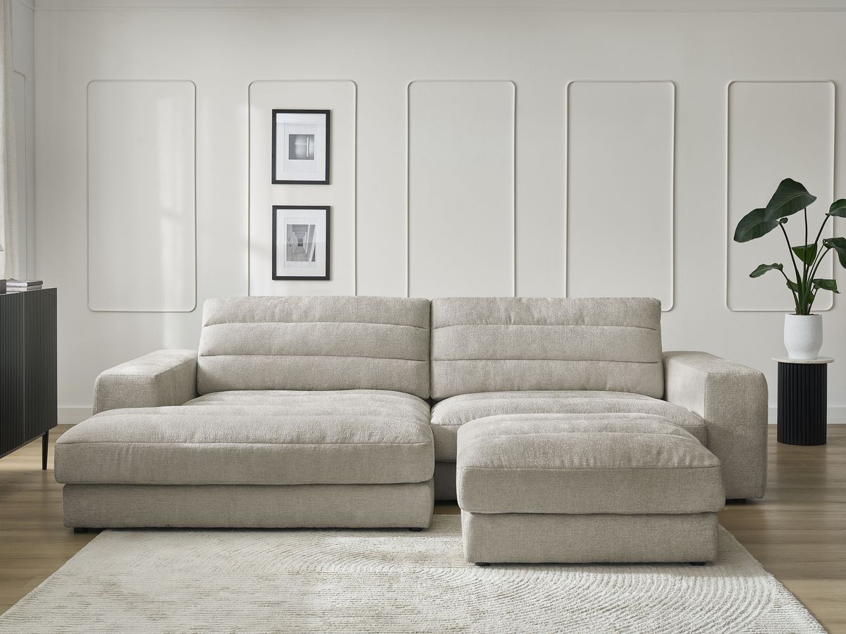 Canapé d'angle fixe SIERRA tissu texturé avec pouf taupe angle gauche BOBOCHIC 4 places - Vue supplémentaire 3