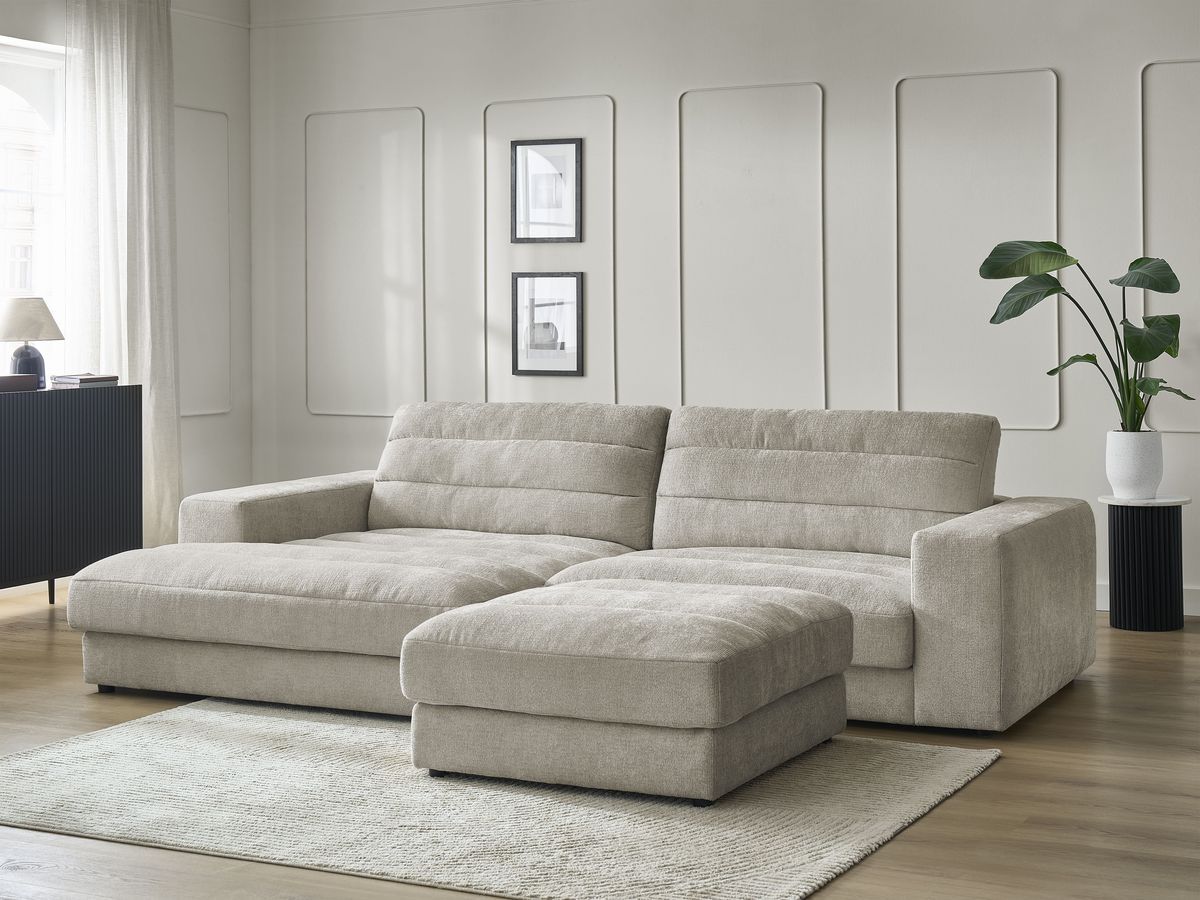 Canapé d'angle fixe SIERRA tissu texturé avec pouf