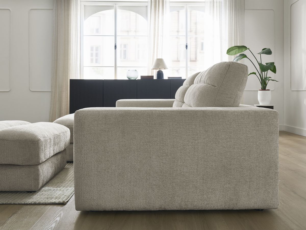 Canapé d'angle fixe SIERRA tissu texturé avec pouf