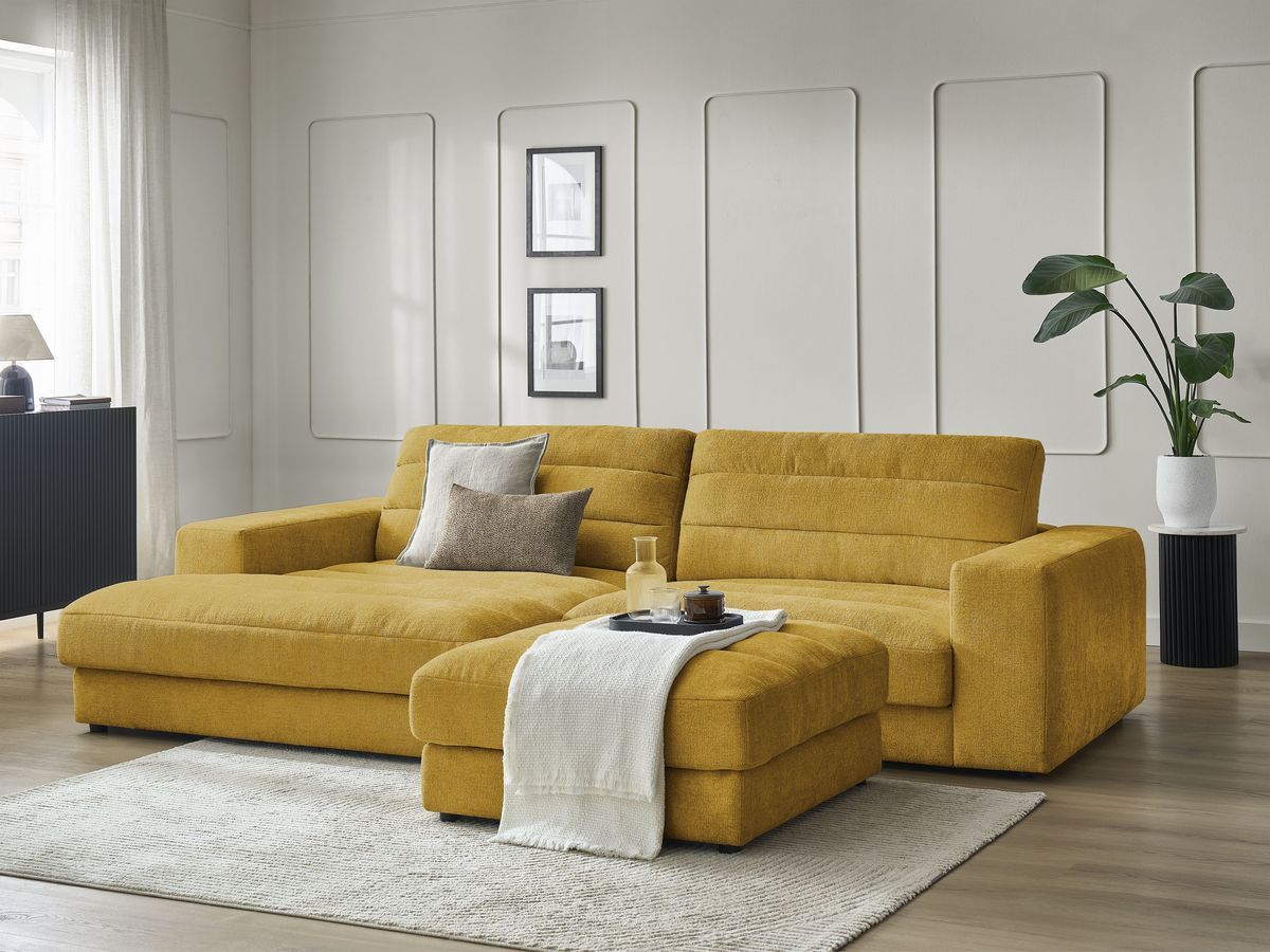Canapé d'angle fixe SIERRA tissu texturé avec pouf