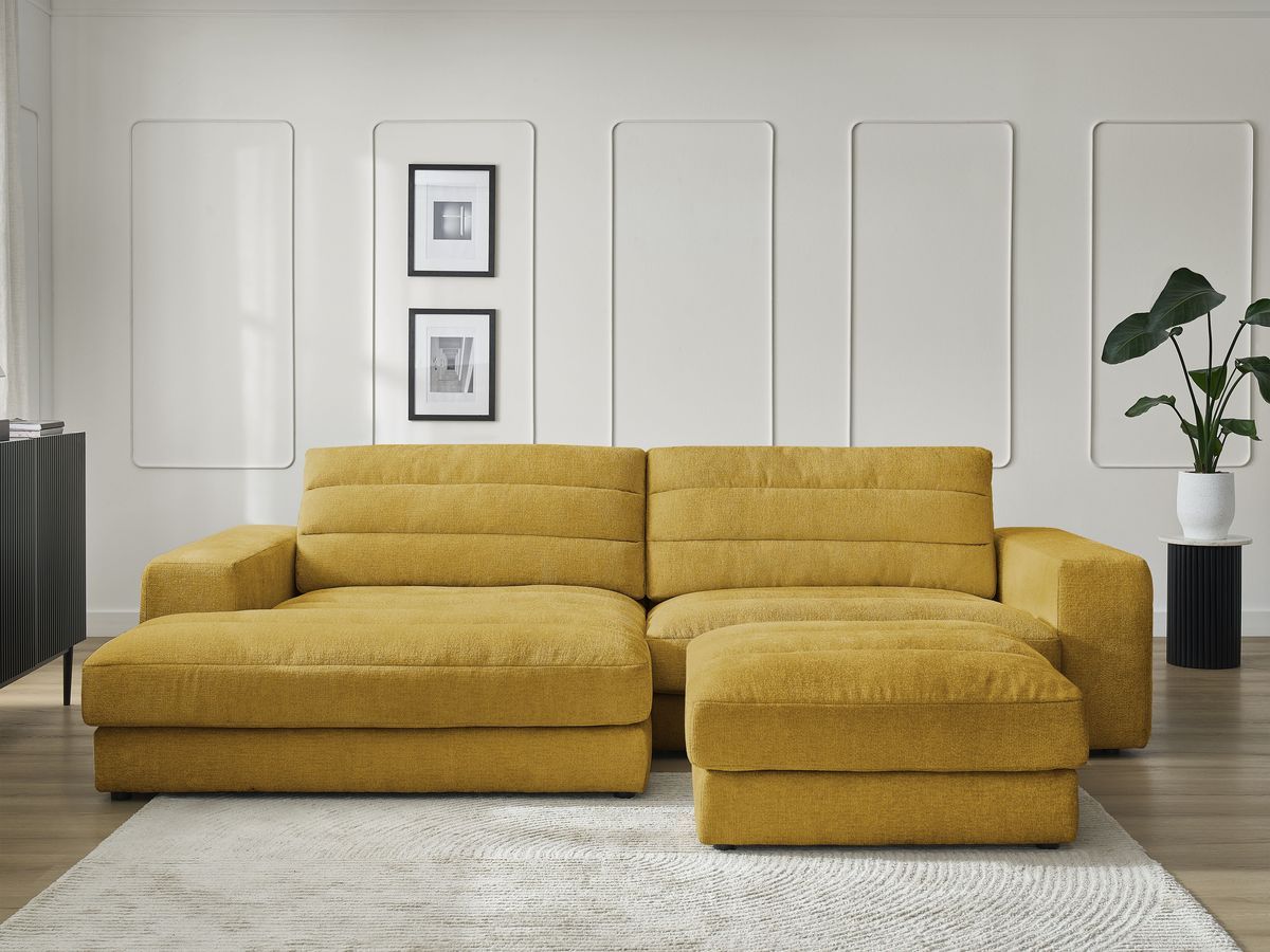 Canapé d'angle fixe SIERRA tissu texturé avec pouf jaune angle gauche BOBOCHIC 4 places - Vue supplémentaire 3