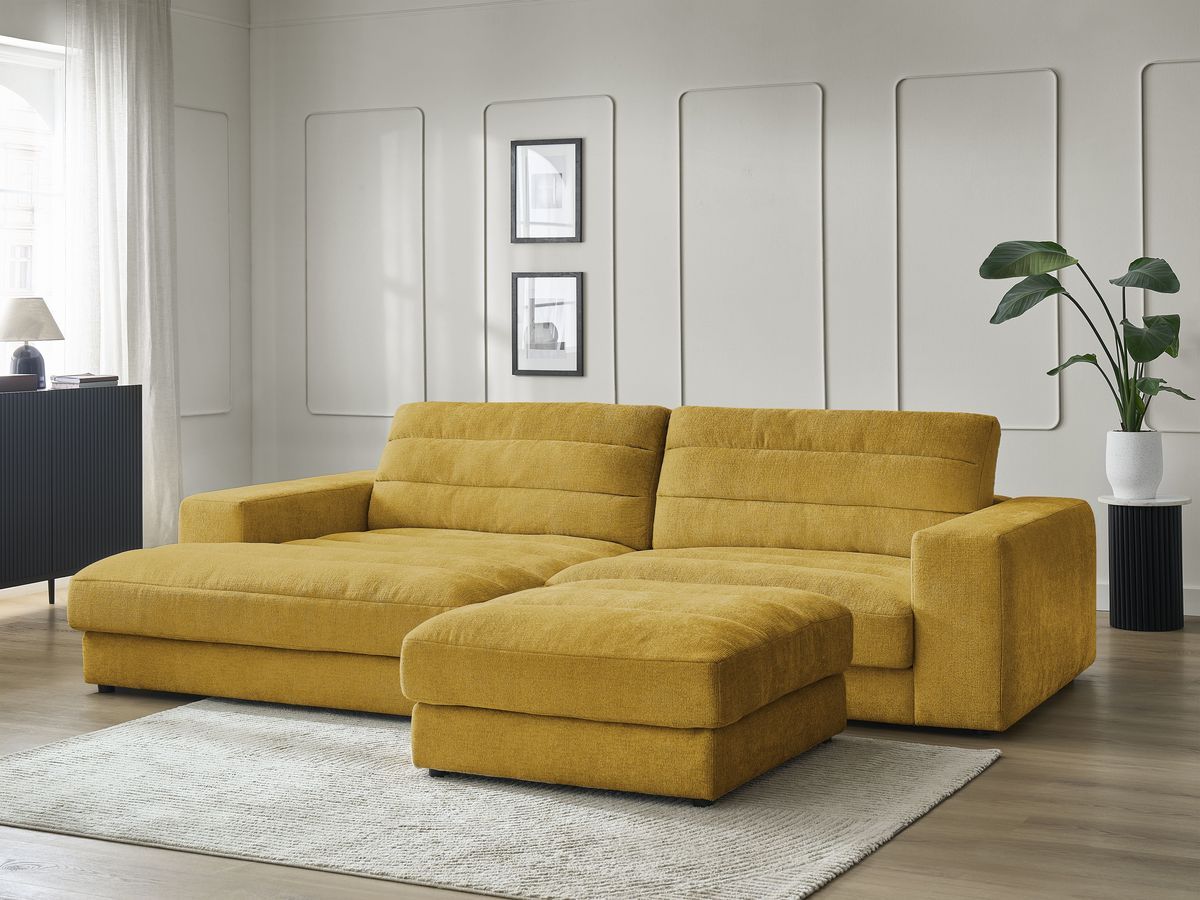 Canapé d'angle fixe SIERRA tissu texturé avec pouf