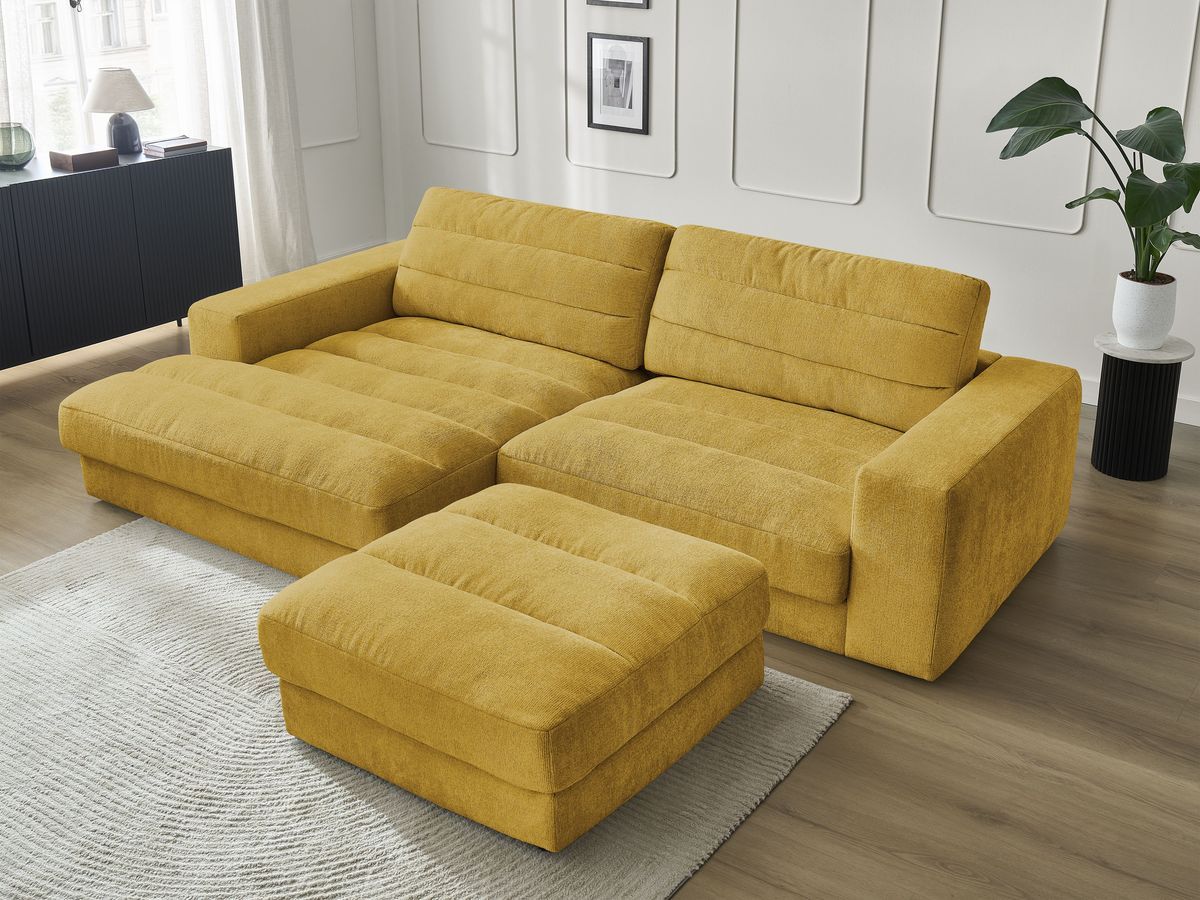 Canapé d'angle fixe SIERRA tissu texturé avec pouf