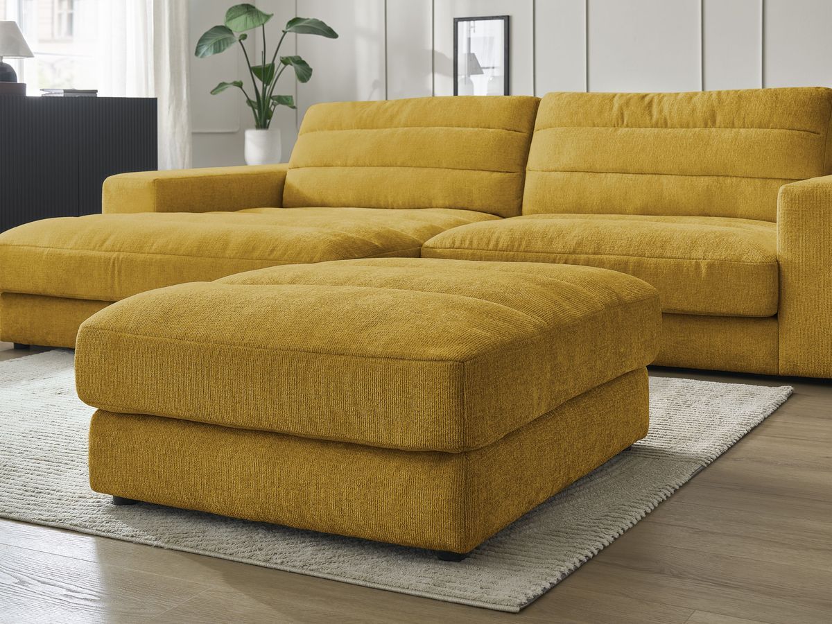Canapé d'angle fixe SIERRA tissu texturé avec pouf