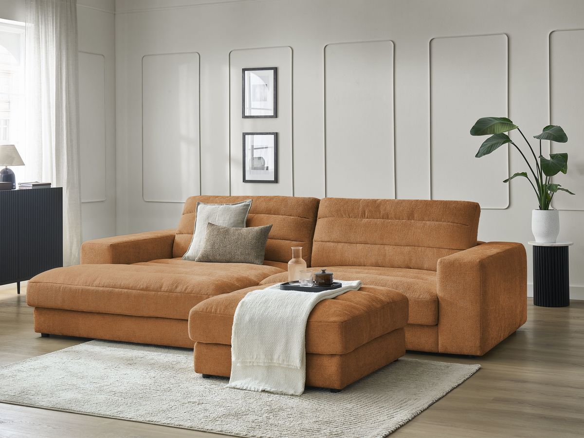 Canapé d'angle fixe SIERRA tissu texturé avec pouf