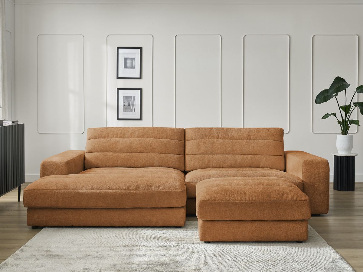 Canapé d'angle fixe SIERRA tissu texturé avec pouf orange angle gauche BOBOCHIC 4 places - Vue supplémentaire 3