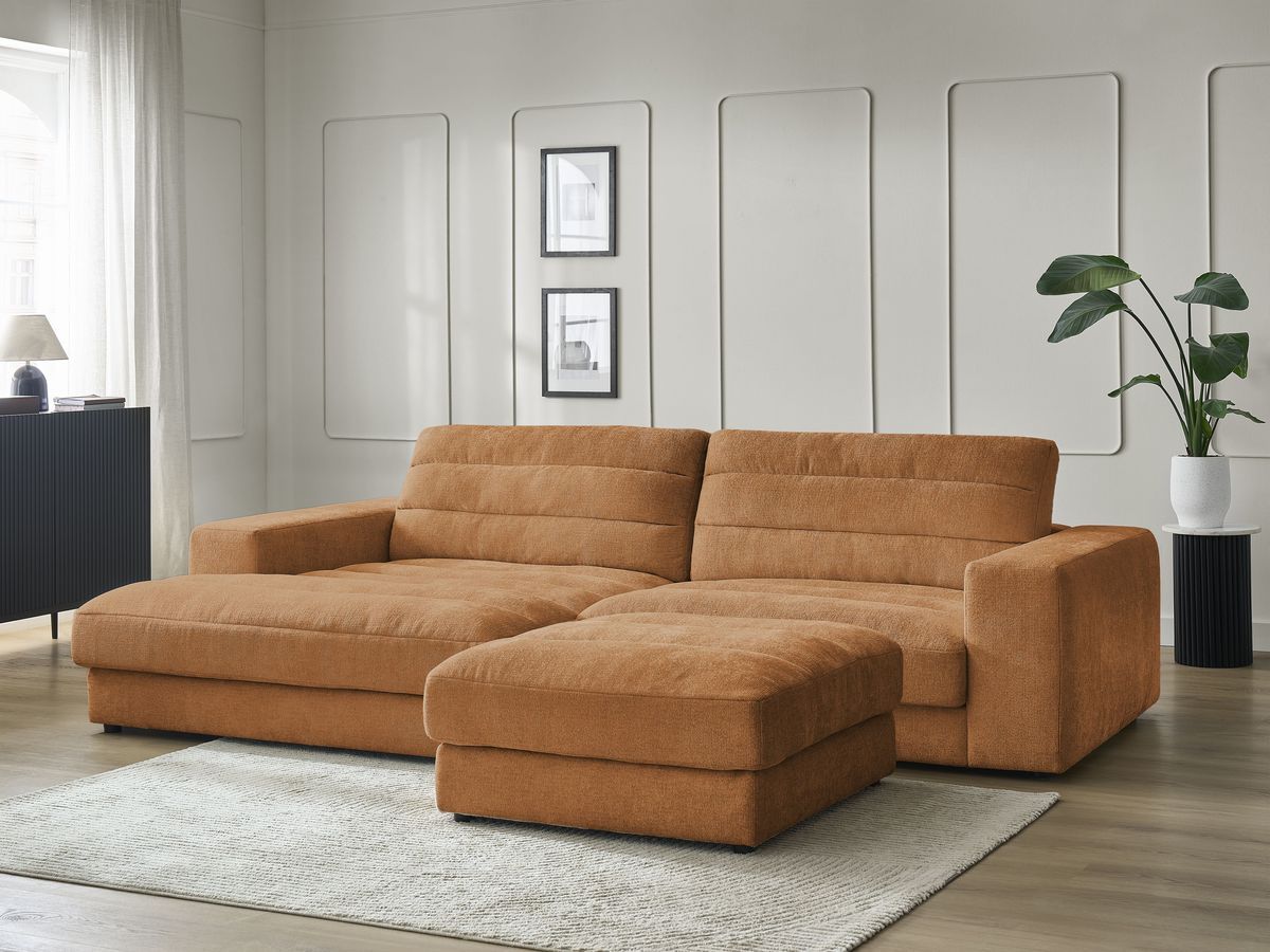 Canapé d'angle fixe SIERRA tissu texturé avec pouf