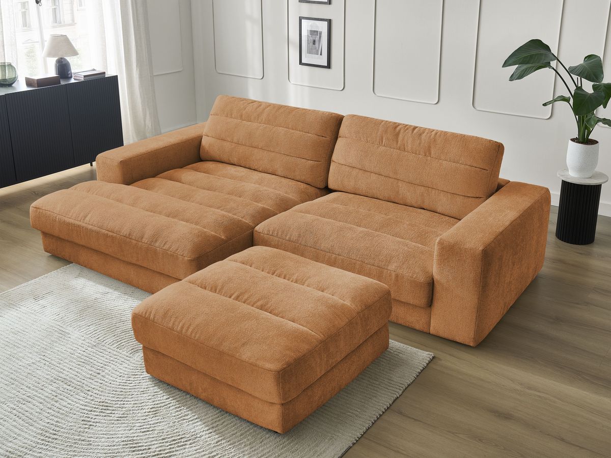 Canapé d'angle fixe SIERRA tissu texturé avec pouf