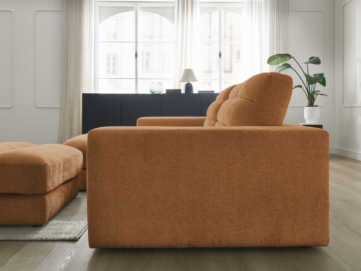 Canapé d'angle fixe SIERRA tissu texturé avec pouf