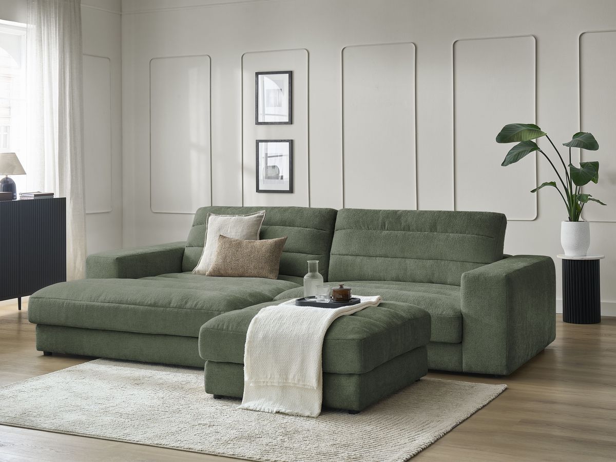Canapé d'angle fixe SIERRA tissu texturé avec pouf