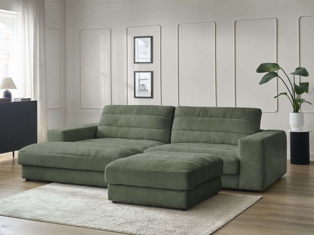 Canapé d'angle fixe SIERRA tissu texturé avec pouf
