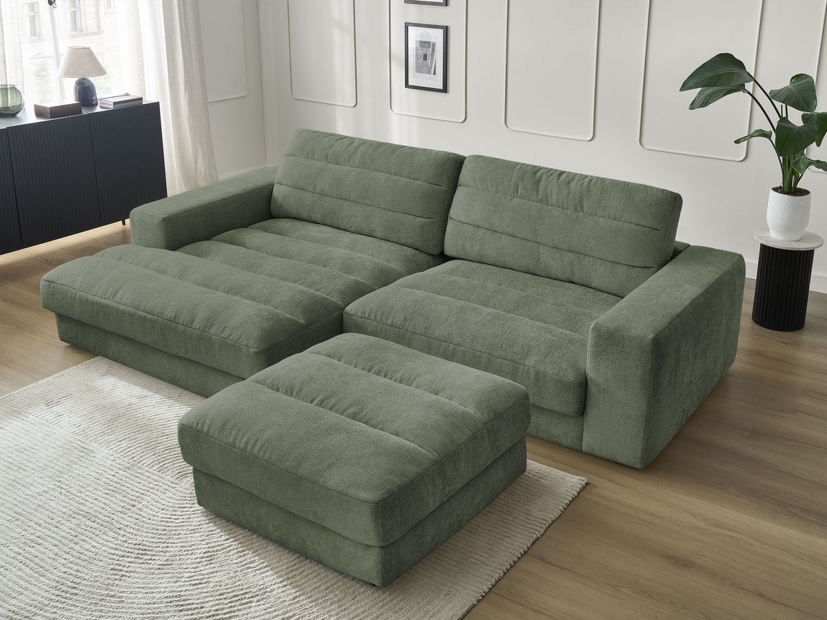 Canapé d'angle fixe SIERRA tissu texturé avec pouf