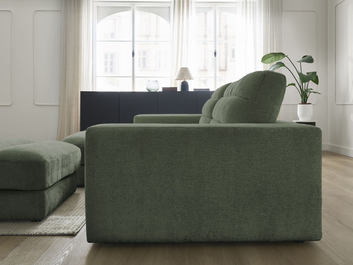 Canapé d'angle fixe SIERRA tissu texturé avec pouf