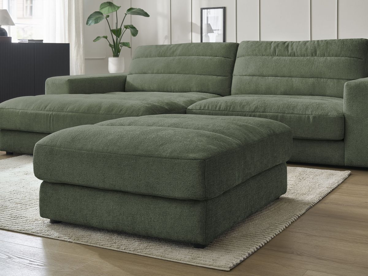 Canapé d'angle fixe SIERRA tissu texturé avec pouf