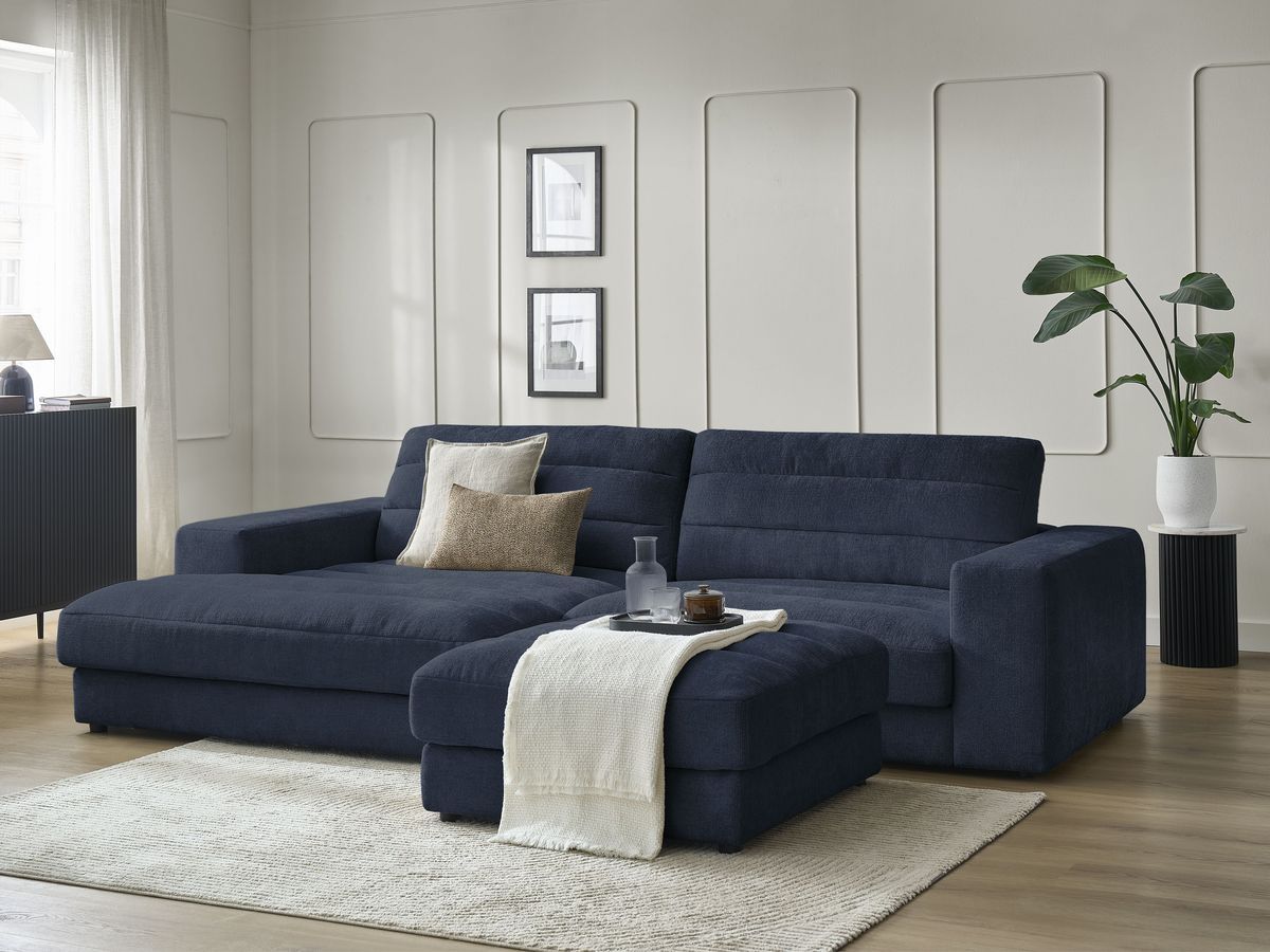 Canapé d'angle fixe SIERRA tissu texturé avec pouf