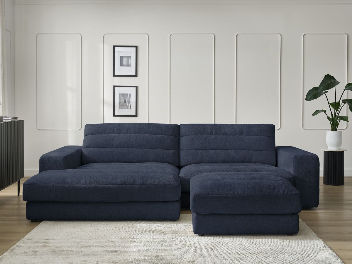 Canapé d'angle fixe SIERRA tissu texturé avec pouf bleu foncé angle gauche BOBOCHIC 4 places - Vue supplémentaire 3