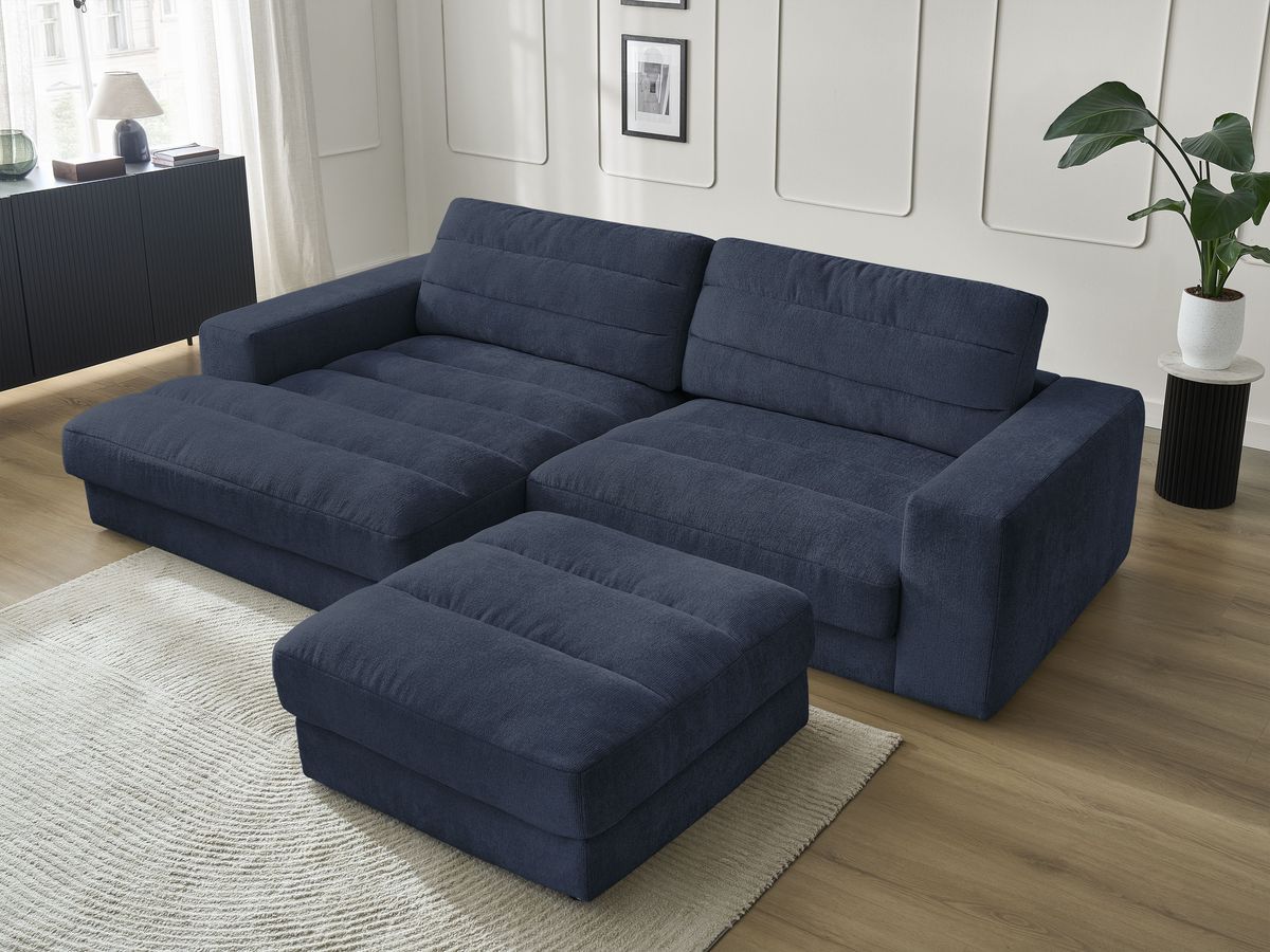 Canapé d'angle fixe SIERRA tissu texturé avec pouf