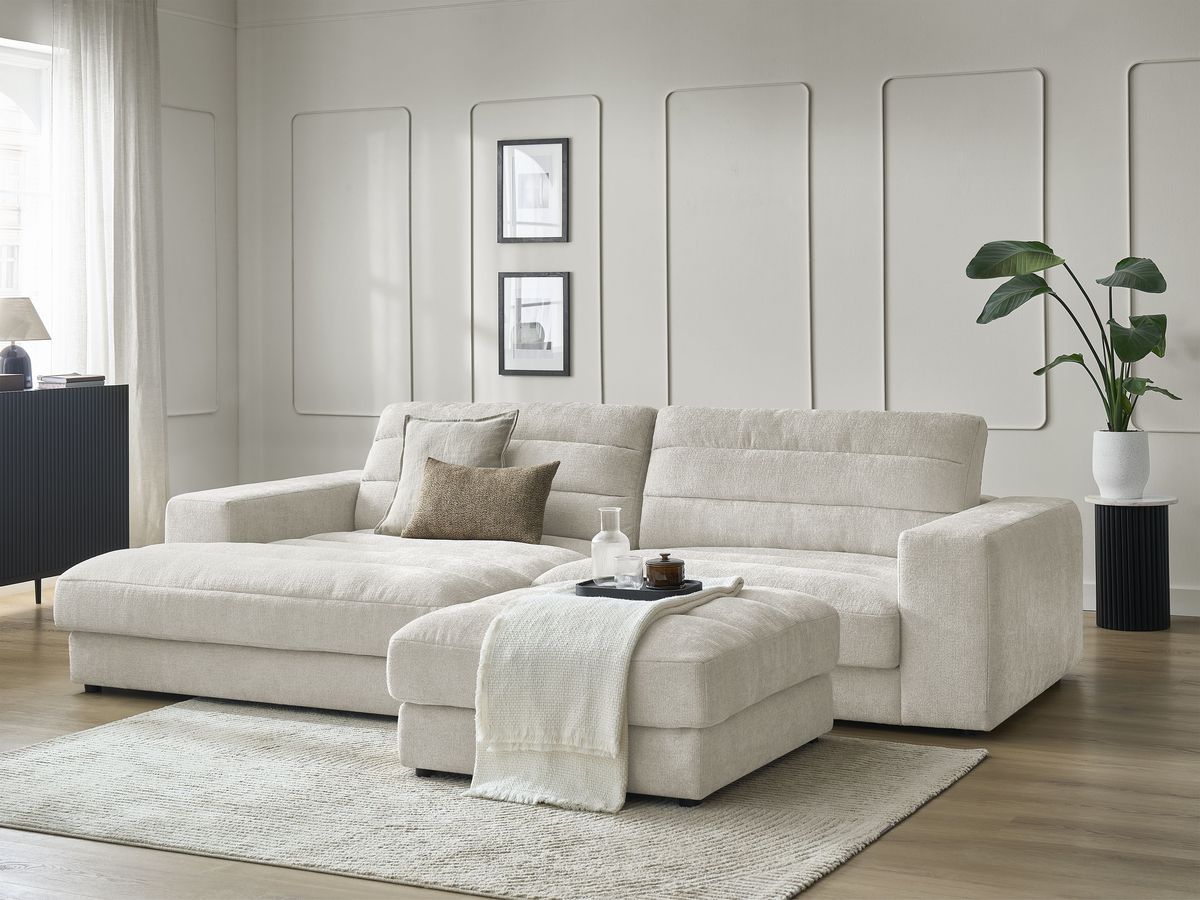 Canapé d'angle fixe SIERRA tissu texturé avec pouf