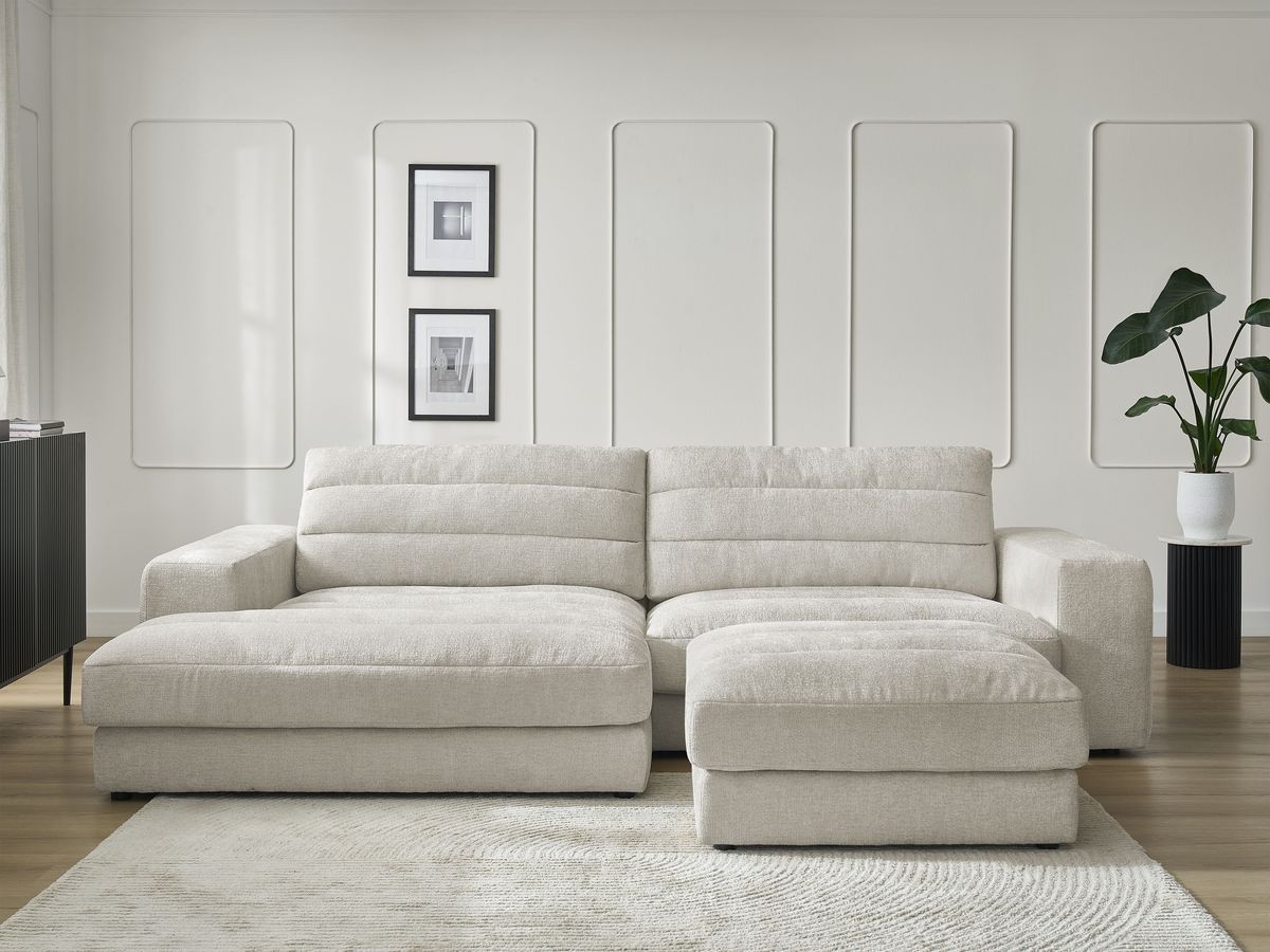 Canapé d'angle fixe SIERRA tissu texturé avec pouf beige  angle gauche BOBOCHIC 4 places - Vue supplémentaire 3