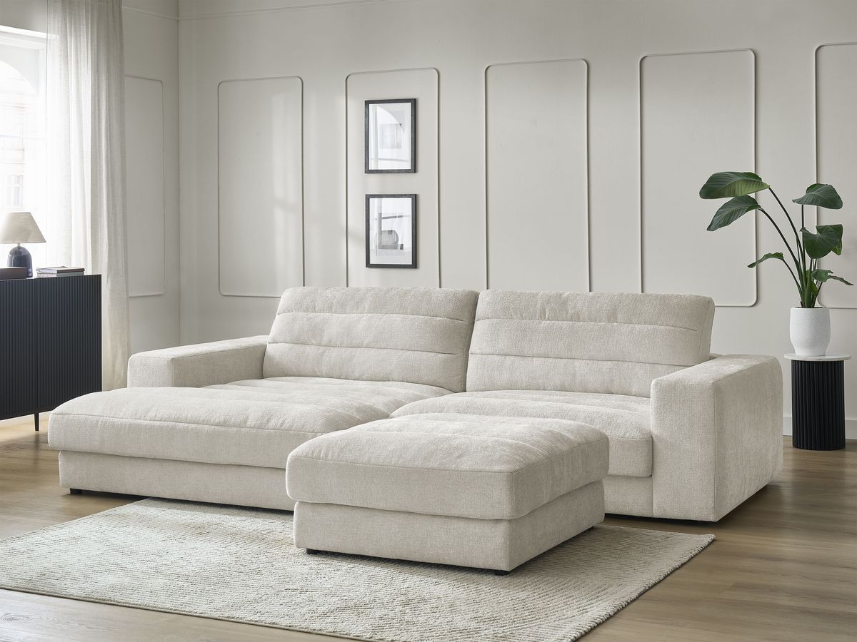 Canapé d'angle fixe SIERRA tissu texturé avec pouf