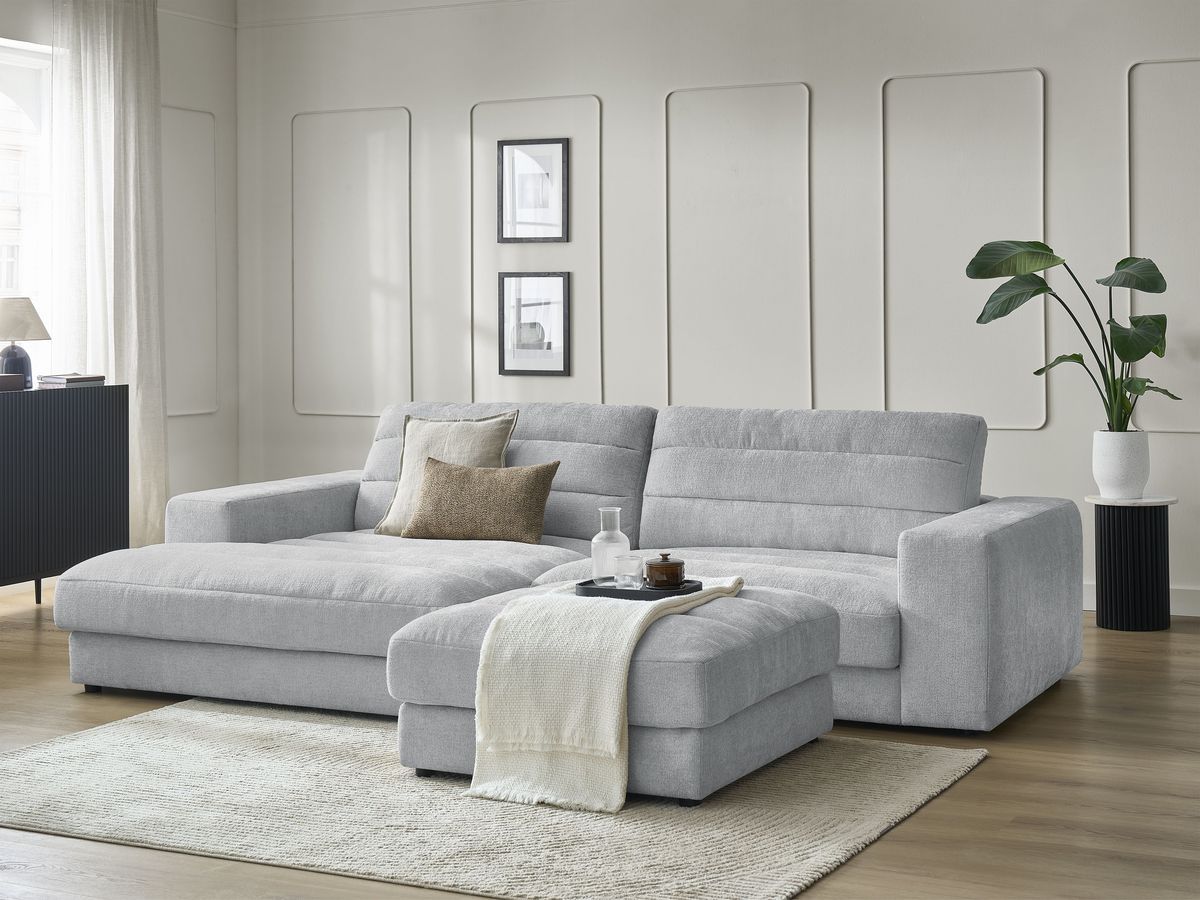 Canapé d'angle fixe SIERRA tissu texturé avec pouf