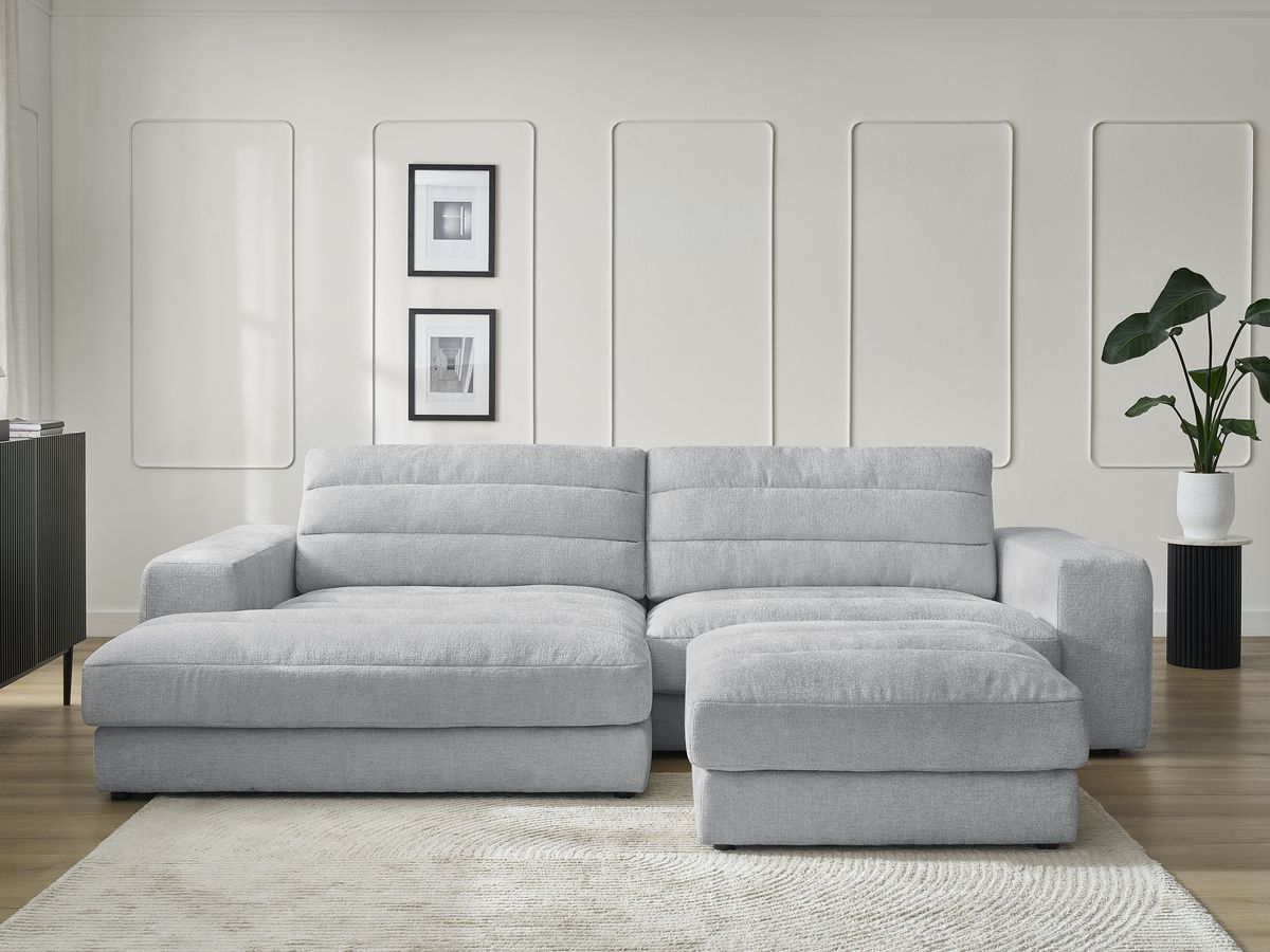 Canapé d'angle fixe SIERRA tissu texturé avec pouf gris clair angle gauche BOBOCHIC 4 places - Vue supplémentaire 3