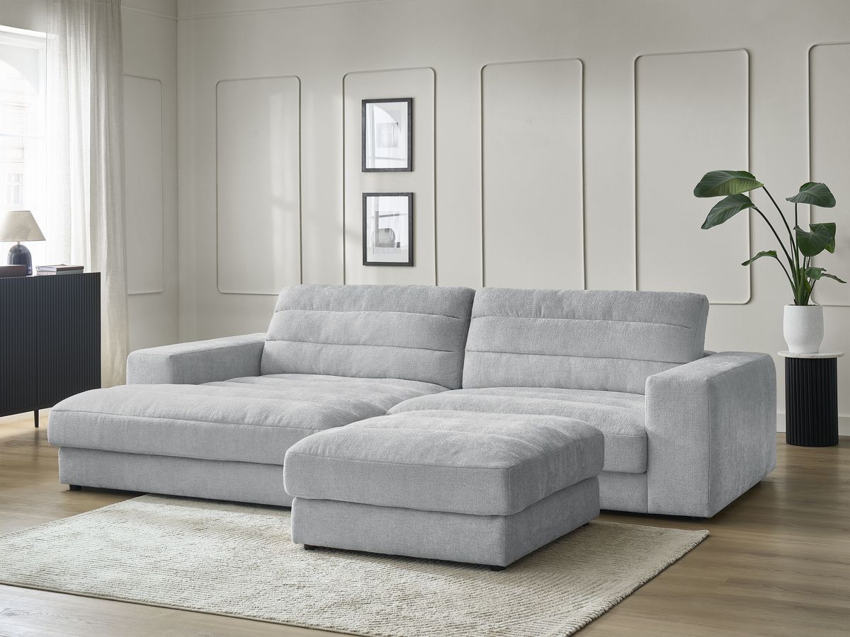 Canapé d'angle fixe SIERRA tissu texturé avec pouf