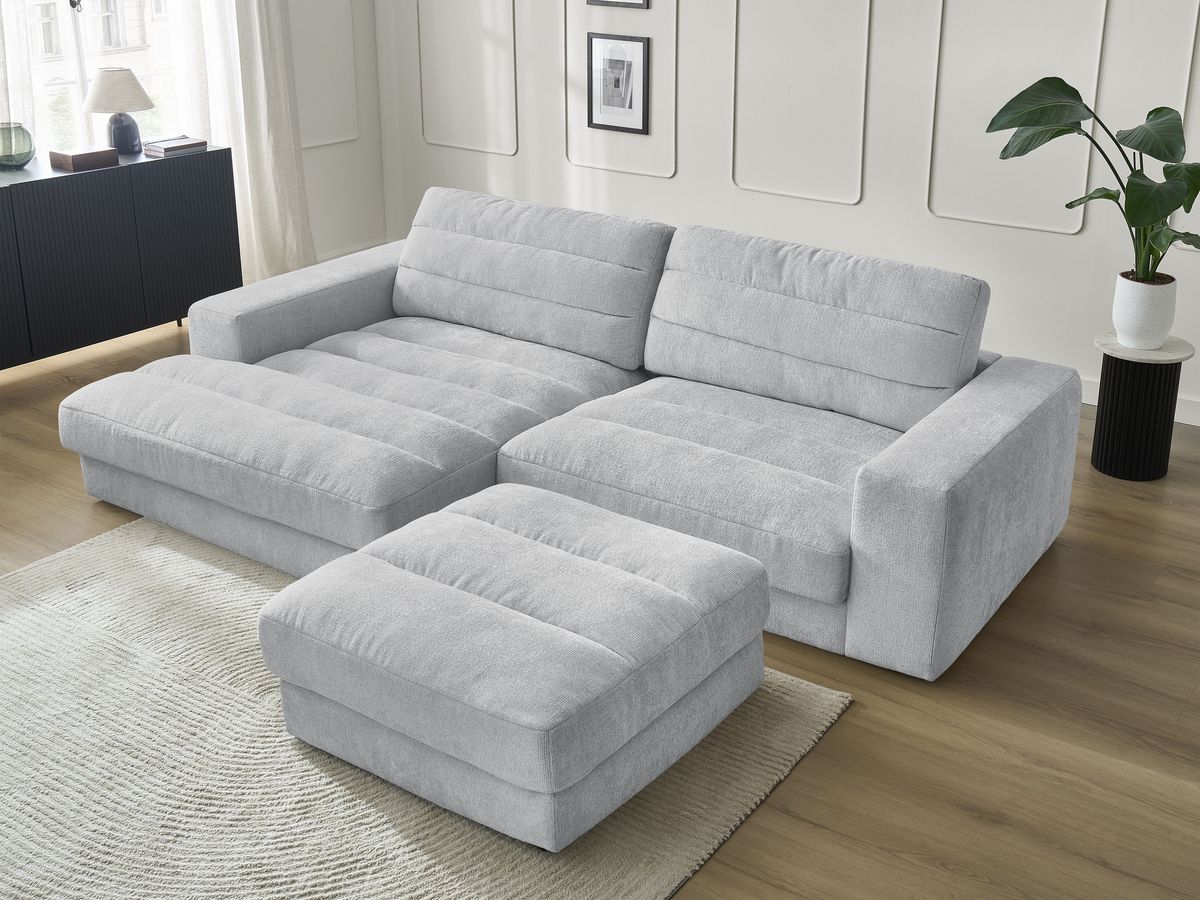 Canapé d'angle fixe SIERRA tissu texturé avec pouf