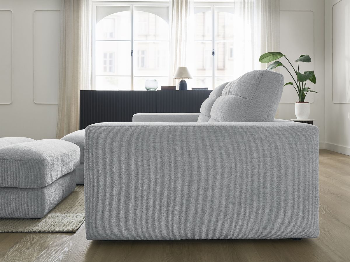 Canapé d'angle fixe SIERRA tissu texturé avec pouf