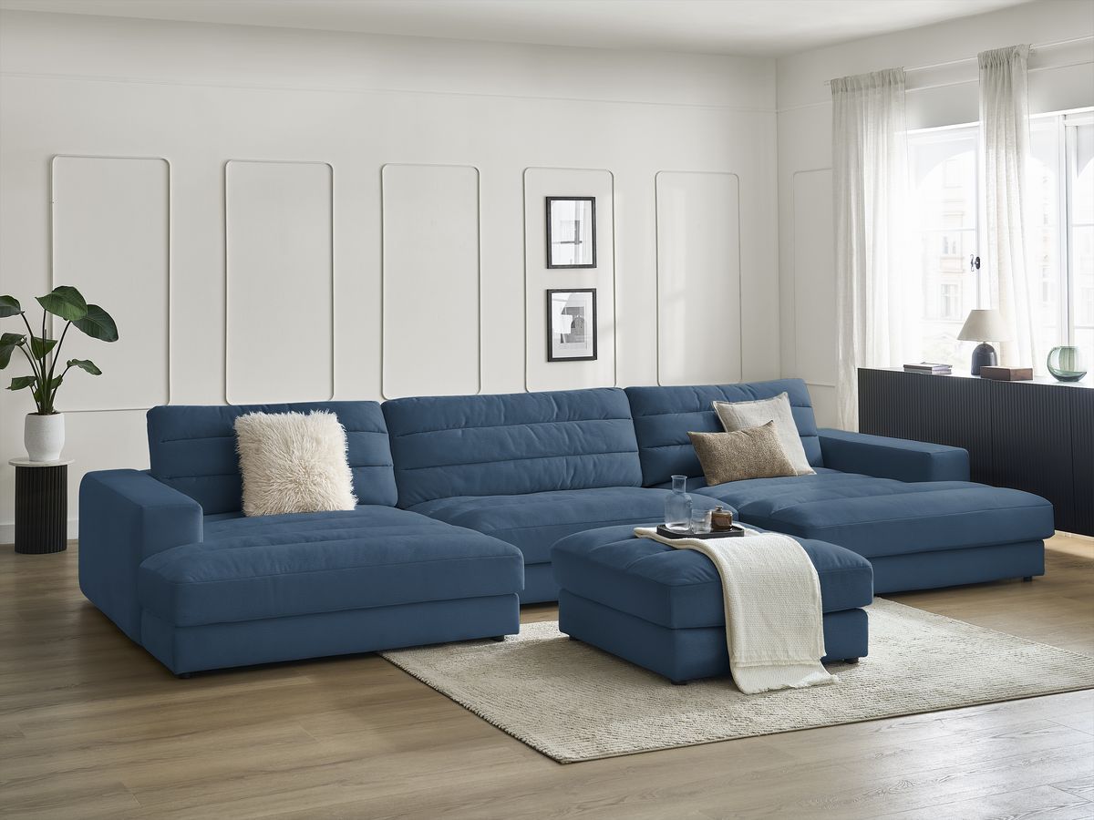Canapé panoramique fixe SIERRA velours avec pouf