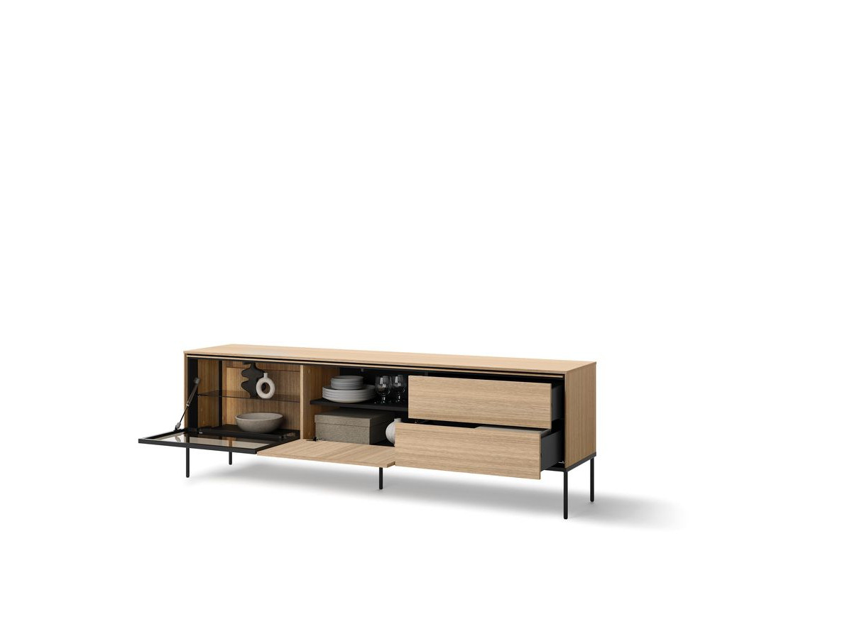 VERONA 2-deurs, 2-laden tv-meubel van 197 cm in eikenhouten look en gerookt glas met ledverlichting