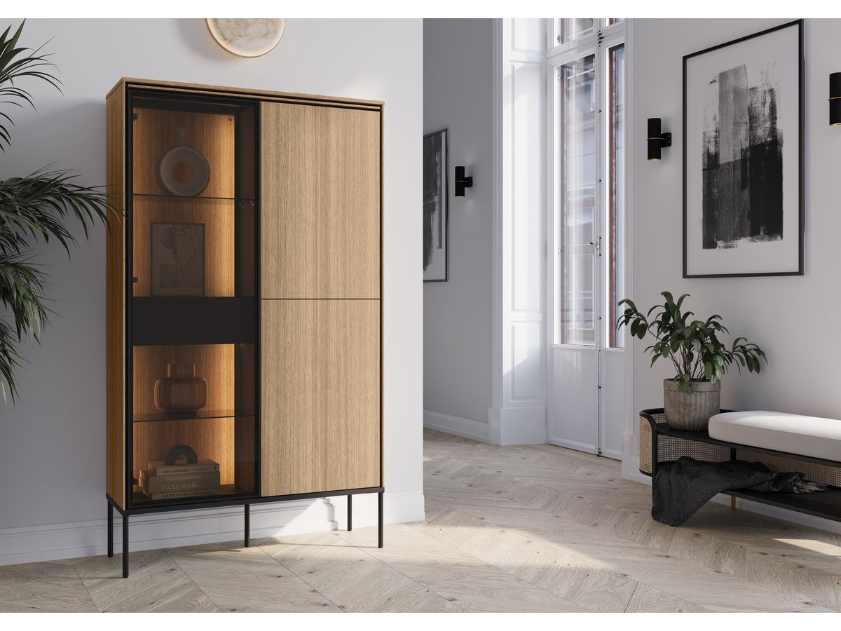 Meuble vitrine 3 portes H.156 cm VERONA effet chêne et verre fumé avec LEDS