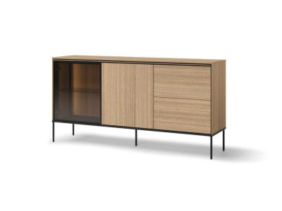 Buffet 2 portes 2 tiroirs 167 cm VERONA effet chêne et verre fumé avec LEDS