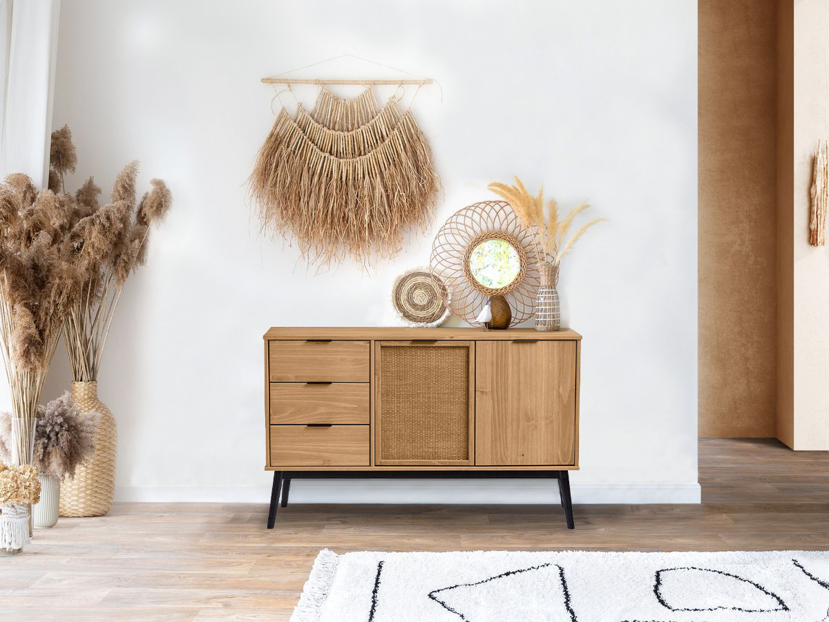 ALBI 130 cm dressoir van massief hout en rotan