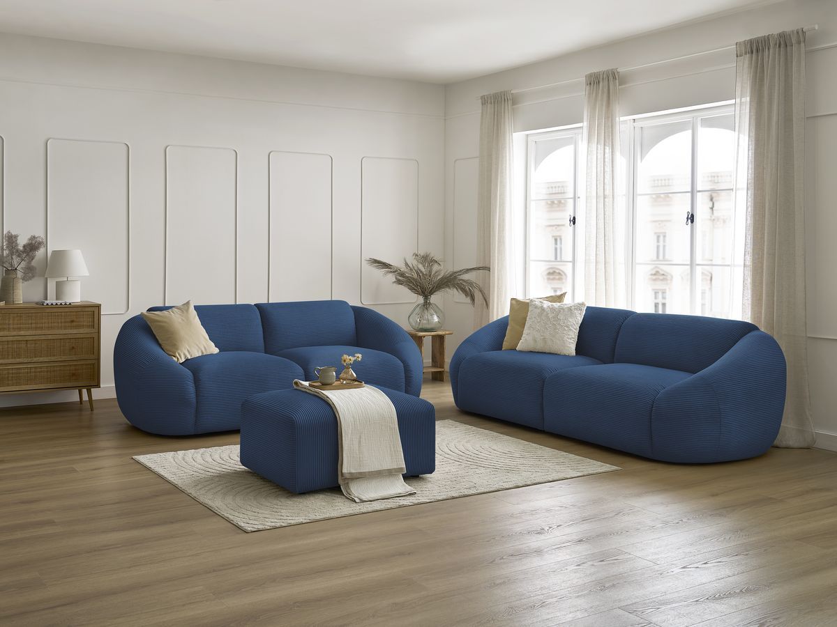 Ensemble canapé droit fixe 3 + 2 places + fauteuil TINA velours côtelé avec pouf bleu foncé   BOBOCHIC